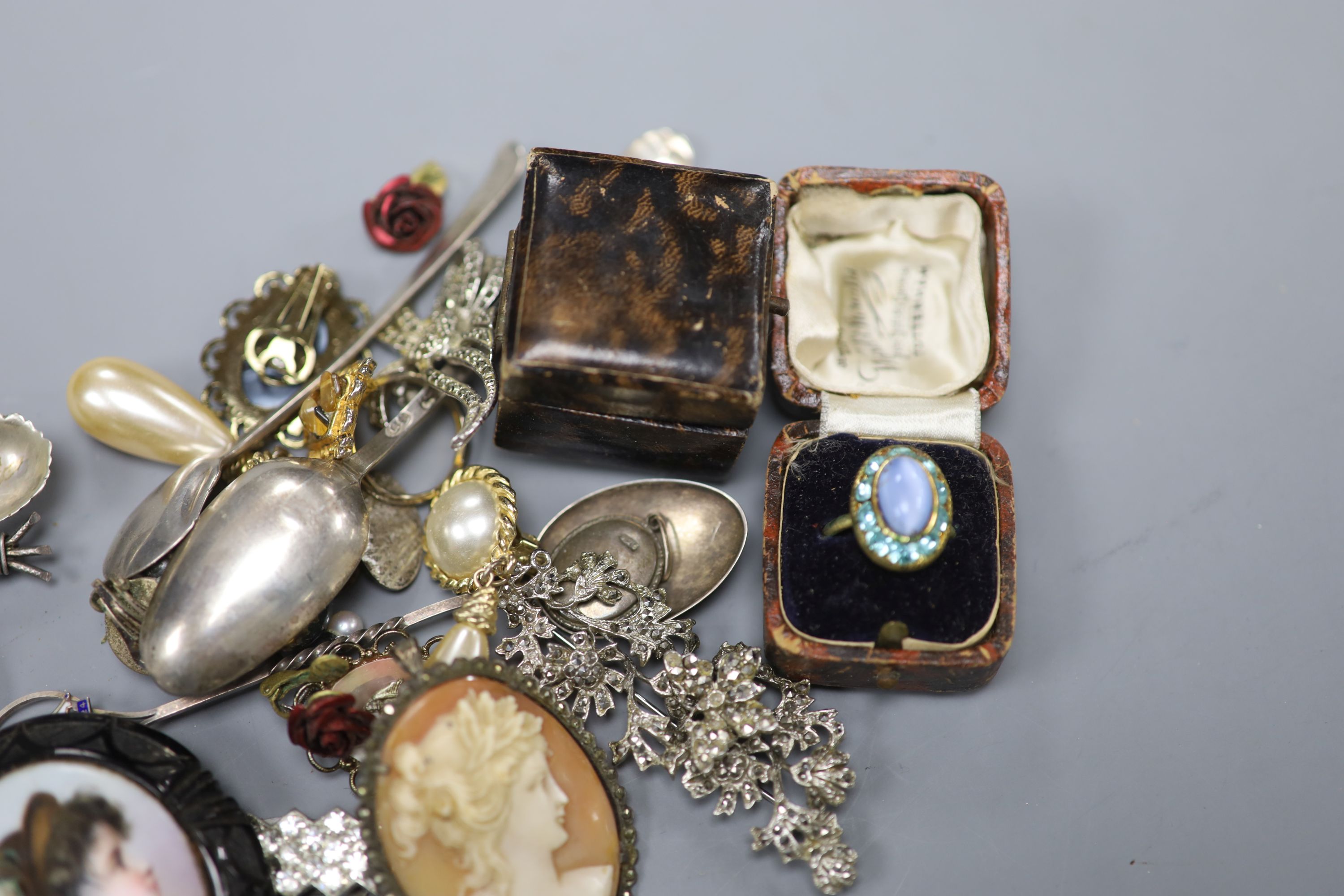 A small group of assorted costume jewellery and other items including silver teaspoons and Timex wrist watch.